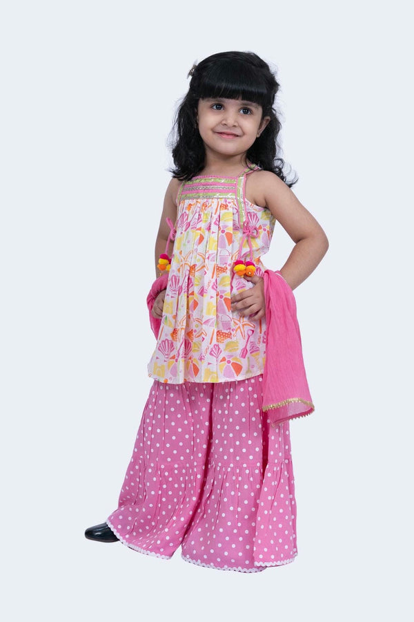 Twisha Girls Top & Sharara Set -White & Pink