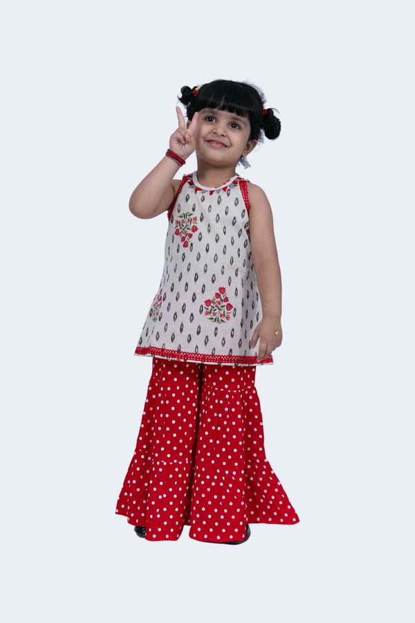 Twisha Girls Top & Sharara Set - Offwhite & Red