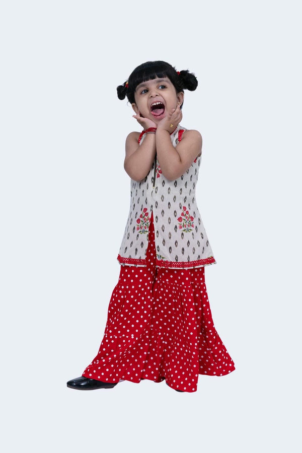 Twisha Girls Top & Sharara Set - Offwhite & Red