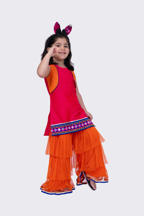 Twisha Girl's Sleeveless Polyester Mock Jacket Embroidered Top with Sharara-Pink & Orange