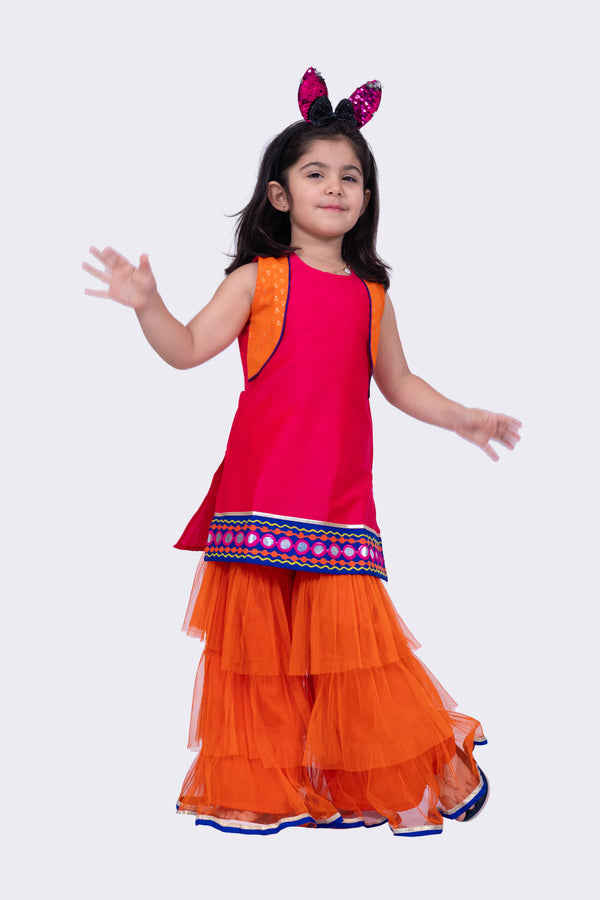 Twisha Girls sleeveless Polyester Mock Jacket Embroidered Top with Sharara-Pink & Orange