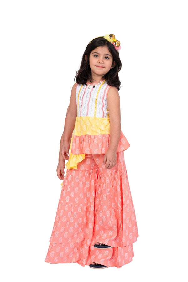 Twisa Girl's Sleeveless assmetric Rayon Embroidered Top with Sharara - White & Coral