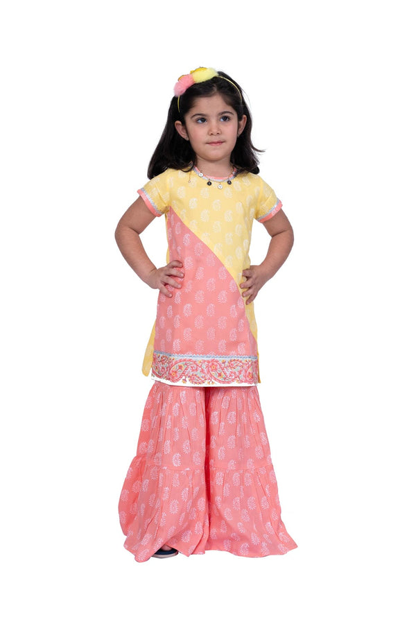Twisa Girl's Sleeveless colour blocked Rayon Printed Top with Sharara  - Yellow & Coral