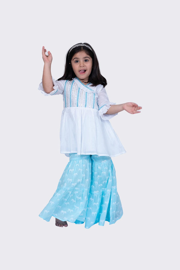 Twisha Girl's 3/4 sleeves Embroidered Frilled Top with Sharara - White & Blue
