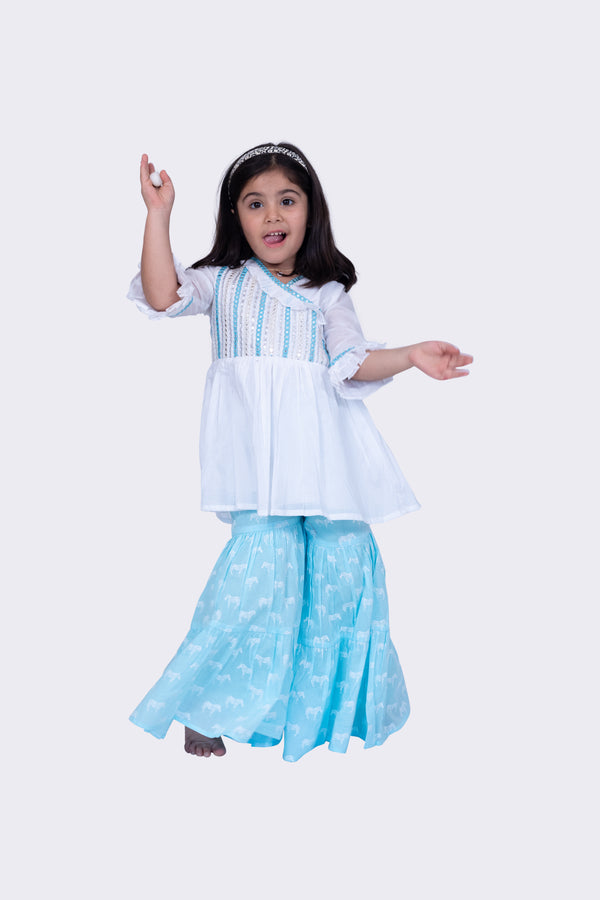 Twisha Girls 3/4 sleeves Embroidered Frilled Top with Sharara - White & Blue