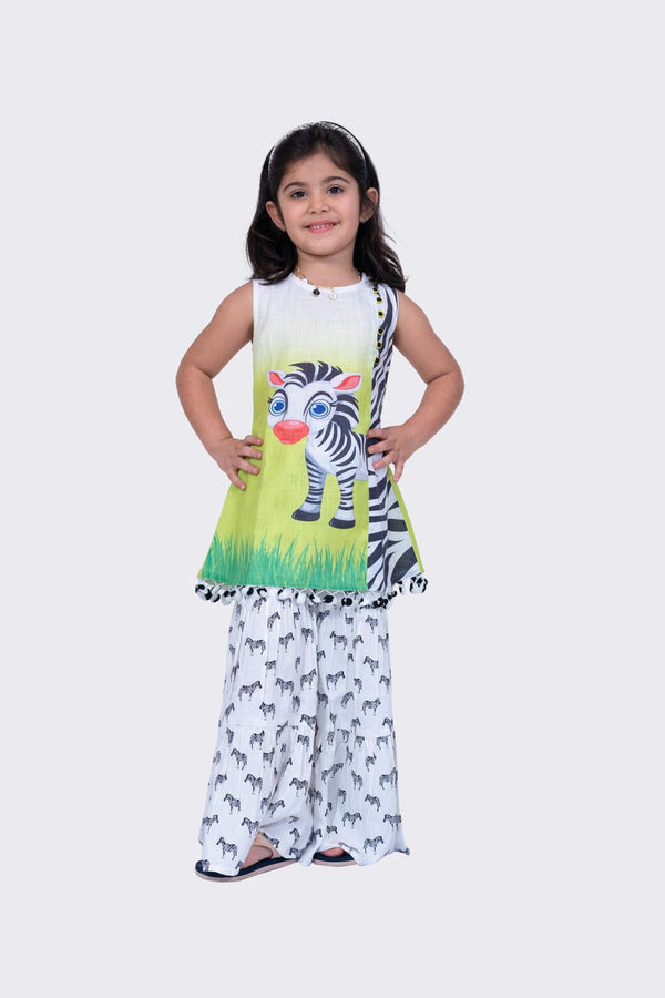 Twisha Girl's Sleeveless Zebra Printed Top and  Printed Sharara  White & Lime Green