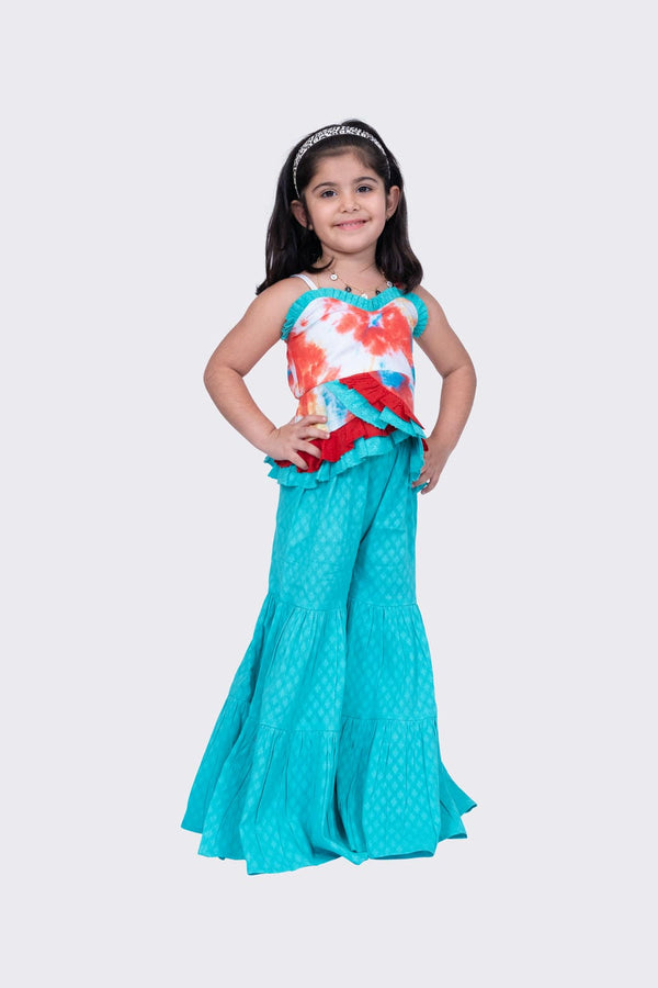 Twisha Girl's Sleeveles Strappy Frilled Multi Coloured Top with Sharara - Red & Seagreen