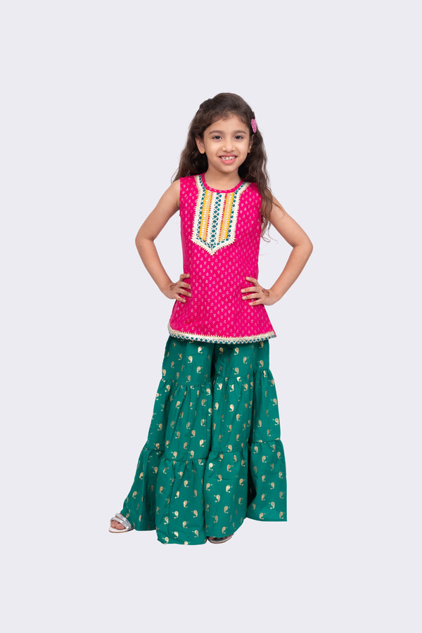 Twisha Girls Sleeveless  Cotton Embellished Top With Sharara- Pink & Green