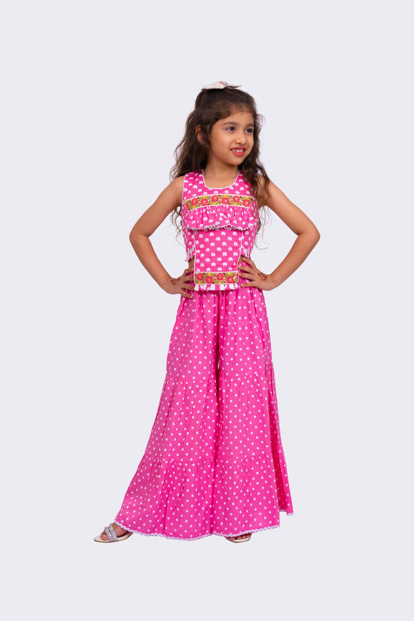 Twisha Girls Cotton Sleeveless All Over Printed  Top with Sharara - BabyPink & White
