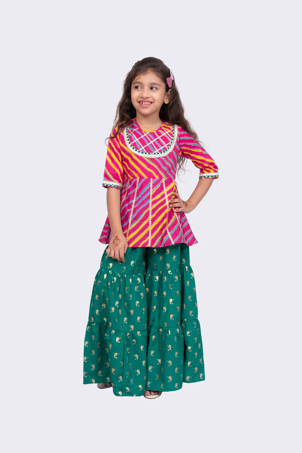 Twisha Girls Cotton 3/4Sleeves Leheriya Printed Top with Sharara - Pink & Green