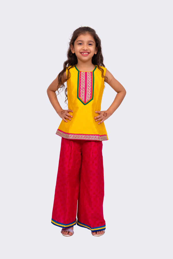 Twisha Girls Sleeveless Embellished Top with Palazzo -Yellow & Pink