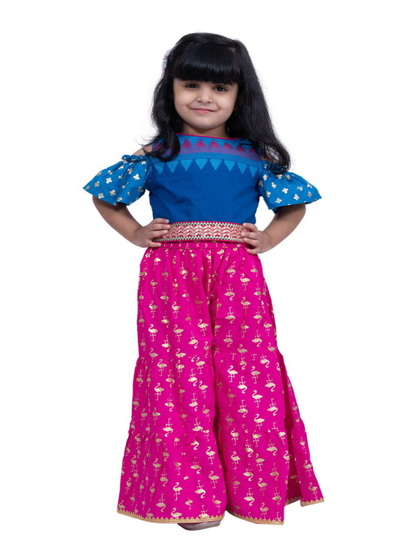 Twisha Girls Cotton Cold Shoulder Half n Half Bordered Top With Sharara - Blue & Pink