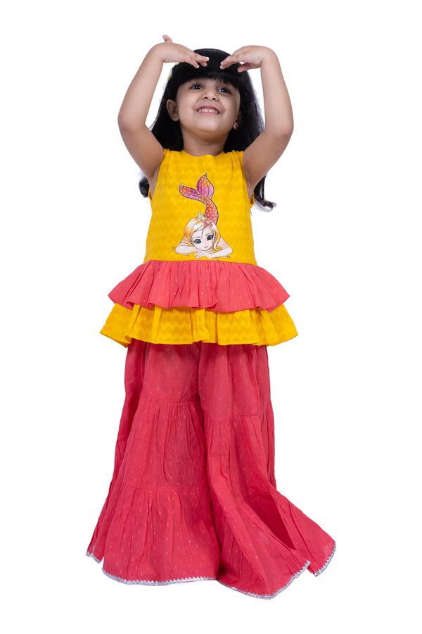 Twisha Girls Cotton sleeveless Placment Print Top With  Sharara -Yellow & Coral