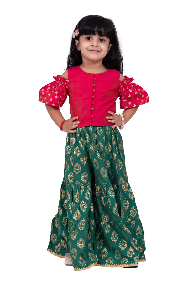 Twisha Girls Half Sleeves Foil/Glitter Print Top & Printed Sharara-Pink & Green