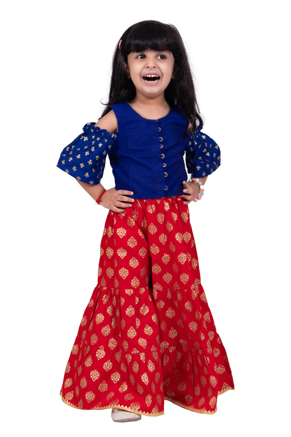 Twisha Girls Half Sleeves All Over Printed Top & Sharara-Blue & Red