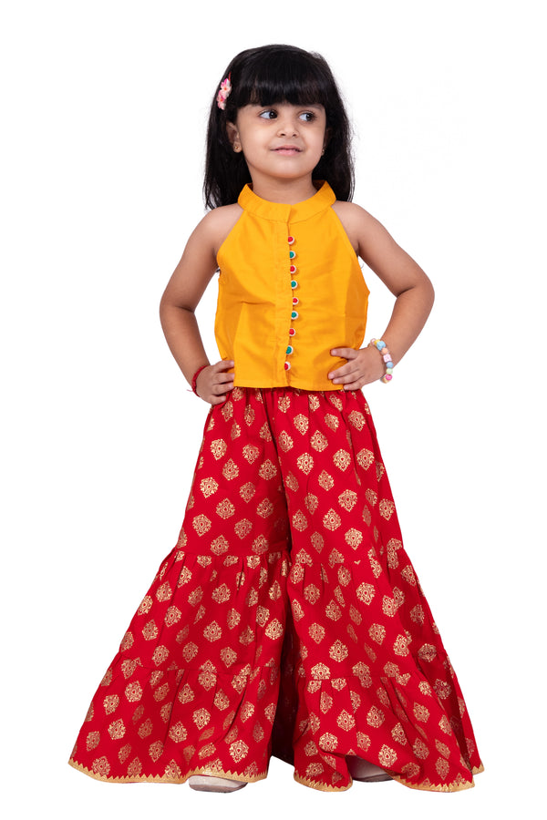 Twisha Girls Chanderi Sleeveless Solid Top & Printed Sharara-Yellow & Red