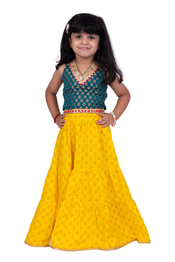 Twisha Girls Brocade sleeveless Embellished Top With Sharara-Green & Yellow