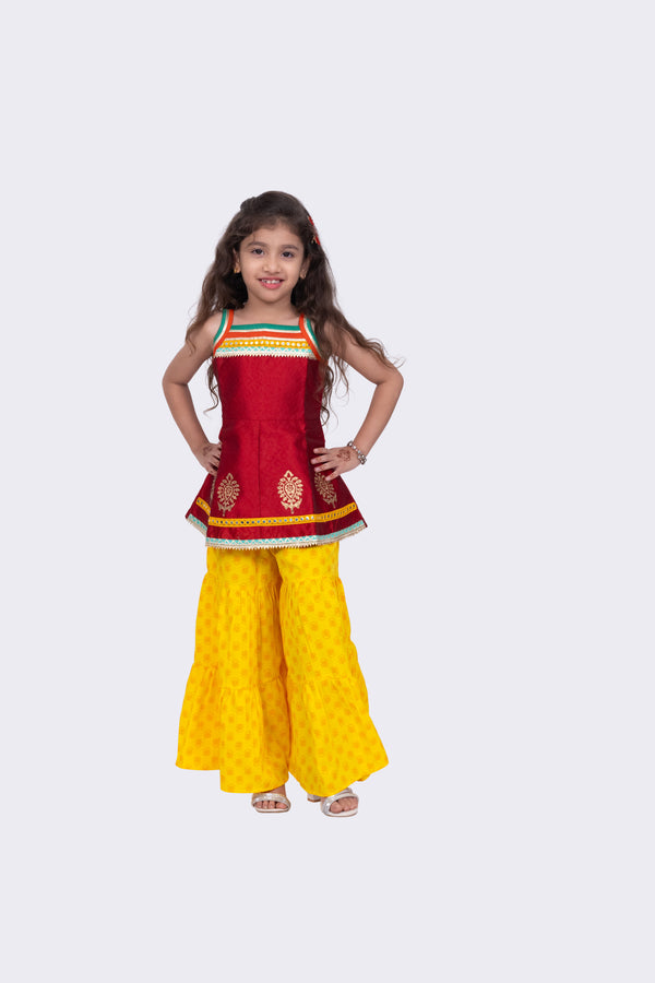 Twisha Girls Jacquard Woven  sleeveless Placement Print Top With Sharara-Maroon & Yellow