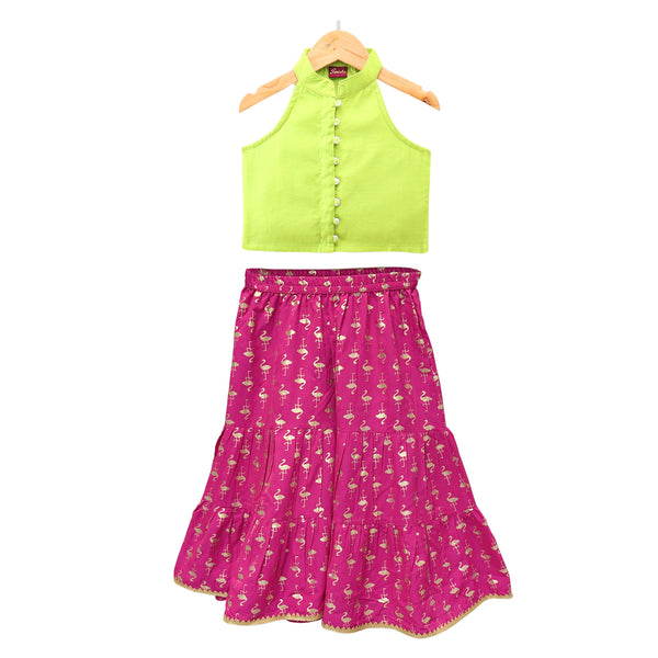 Twisha Woven Chanderi Sleeveless Solid Top With Printed Sharara-Limegreen & Pink