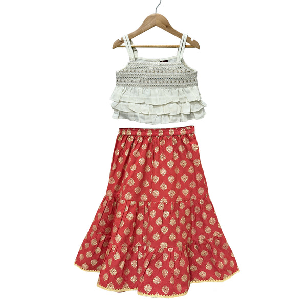 Twisha Woven Sleeveless Embellished Top With Printed Sharara-White & Red