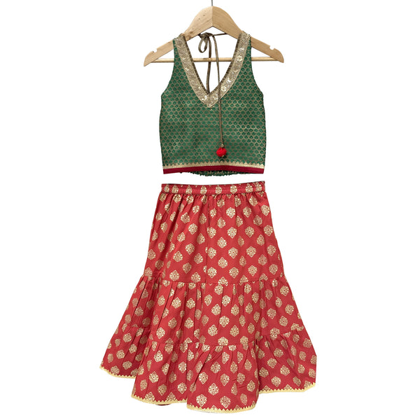 Twisha Woven Brocade Sleeveless Embellished Top With Printed Sharara-Green & Red