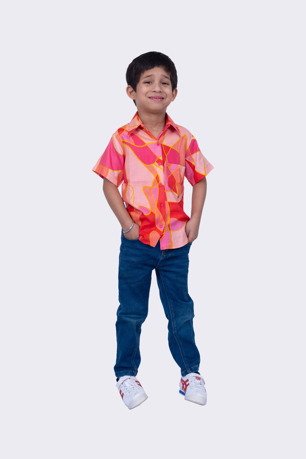 Twisha Boys Half Sleeves Cotton Geometric Print  Shirt  -Coral
