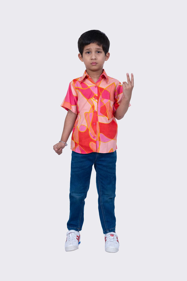 Twisha Boy's Half Sleeves Cotton Geometric Print  Shirt  -Coral