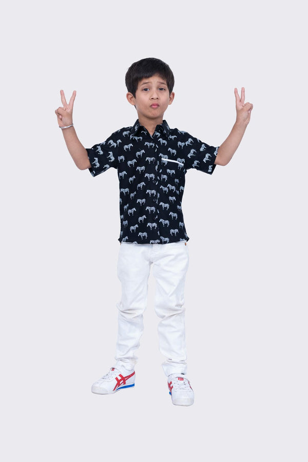 Twisha Boy's Half Sleeves Cotton Zebra Print  Shirt  - Black