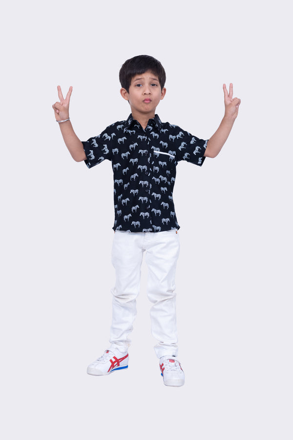 Twisha Boys Half Sleeves Cotton Zebra Print  Shirt  -Black