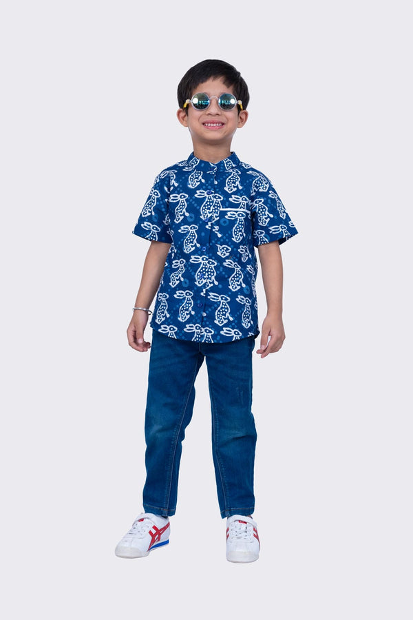 Twisha Boy's Half Sleeve Rabbit Printed Cotton Shirt -Indigo