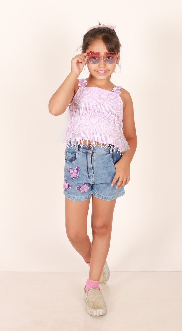 Twisha Girls Designer Sequin Top & The Denim Shorts Embellished With Beautiful Butterfly Patches - Mauve & Blue