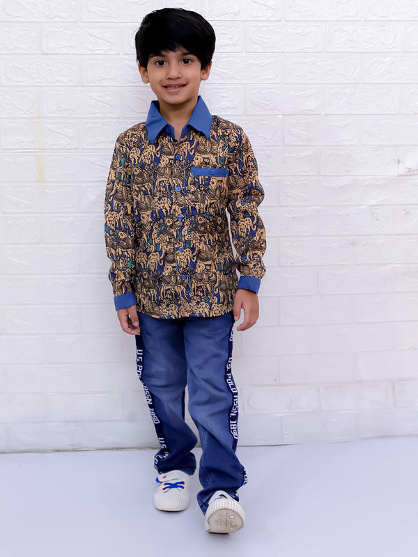 Twisha Boys Full Sleeves Elephant Printed Shirt - Blue