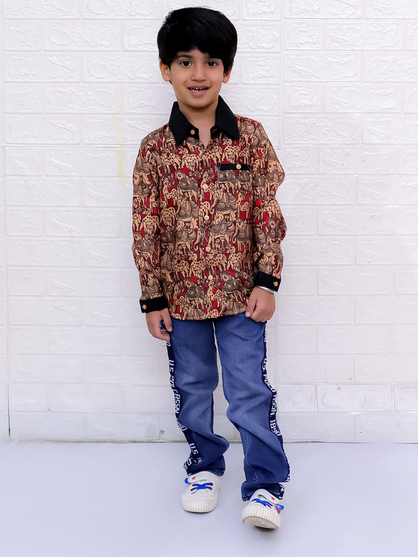 Twisha Boys Full Sleeves Elephant Printed Shirt - Maroon