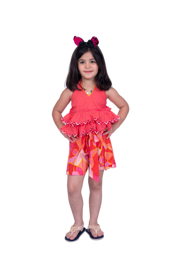 Twisha Girls Halter Neck Cotton  Frilled Top and Geometric Shorts - Coral