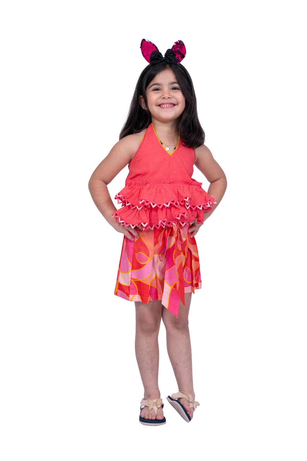 Twisha Girl's Halter Neck Cotton  Frilled Top and Geometric Shorts - Coral