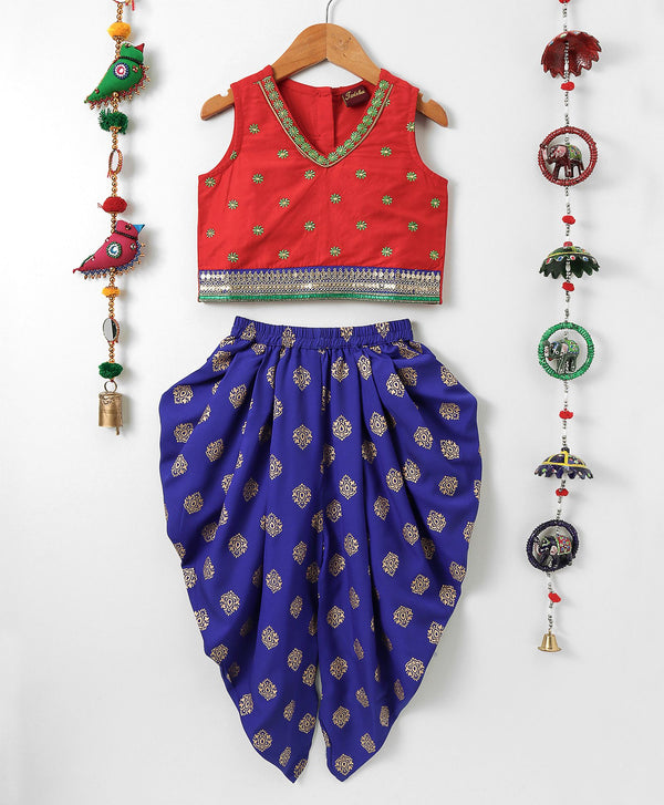 Twisha Girls Embellished Top With Dhoti Pants - Red & Blue