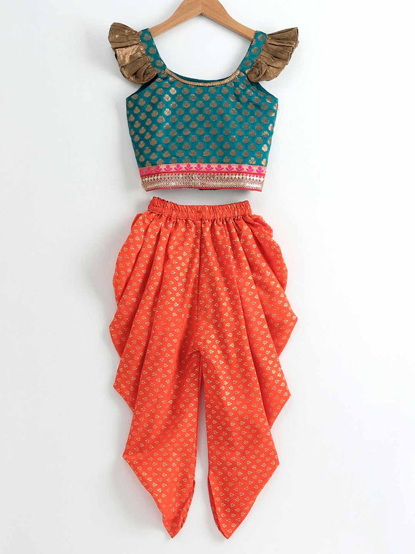 Girls Printed Top & Designer Dhoti - Orange & Green