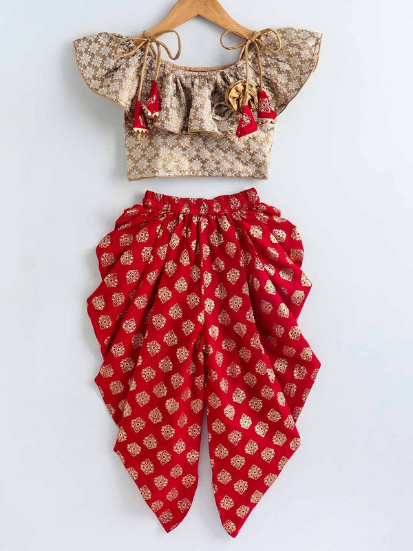 Girls Brocade Top & Designer Dhoti - Red & Beige