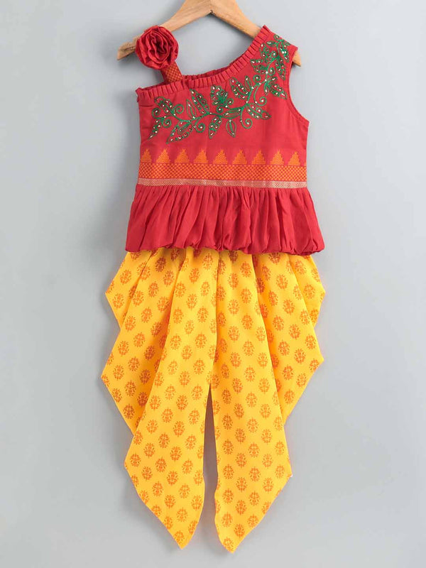 Girls Peplum Sleeveless Top And Printed Dhoti - Yellow & Red