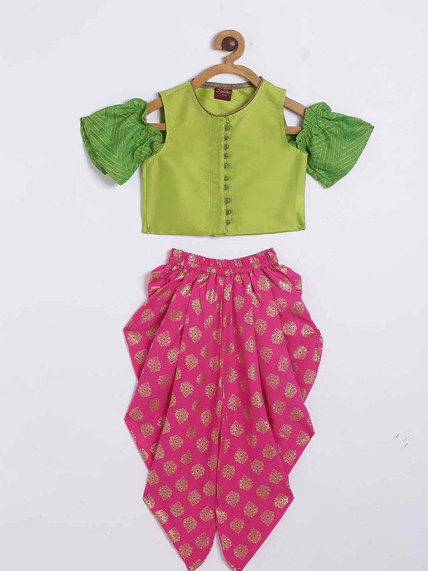 Girls Printed Top & Designer Dhoti - Green & Pink