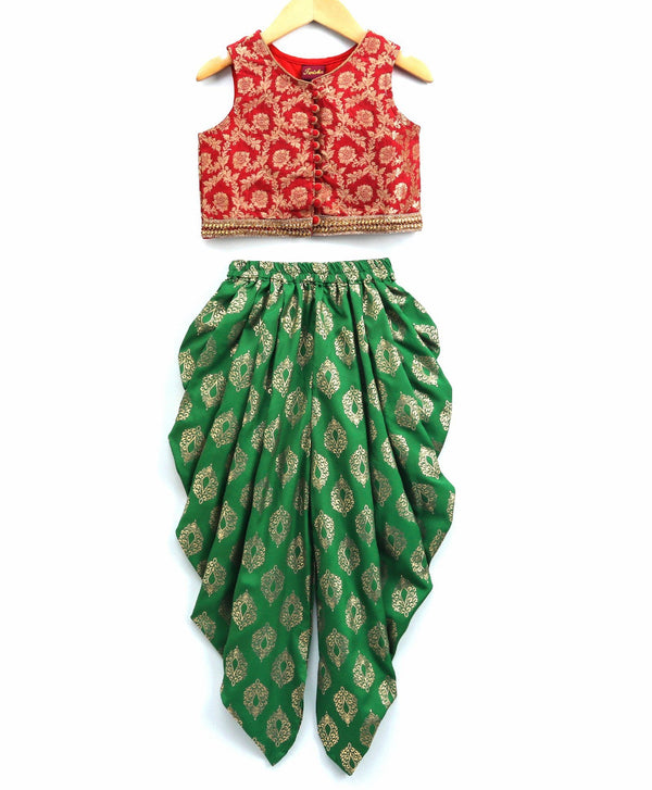 Twisha Girls Brocade Top With Printed Dhoti- Red & Green