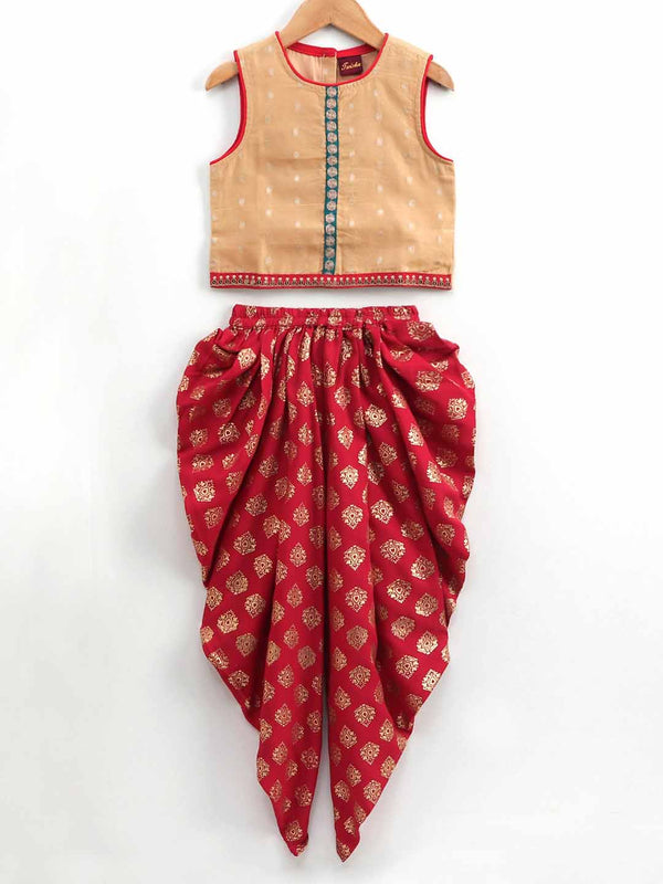 Sleevless Polka Dot Pattern Top With Dhoti- Beige & Maroon