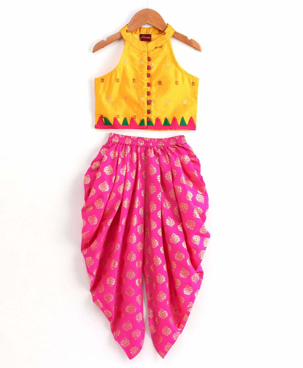 Girls Incut Top With Dhoti Set Pink & Yellow