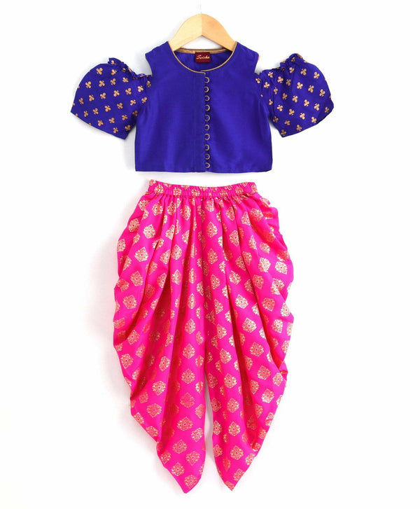 Girls Cold Shoulder Top With Dhoti Set-Blue Pink