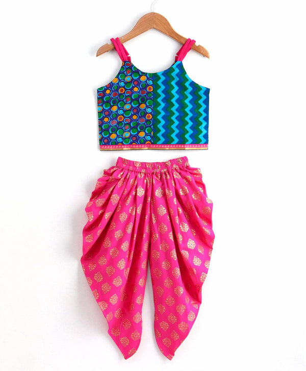 Girls Half And Half Top With Dhoti Set-Blue Pink