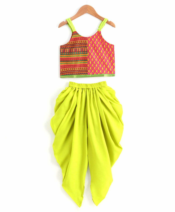 Girls Half And Half Top With Dhoti Set - Pink & Green