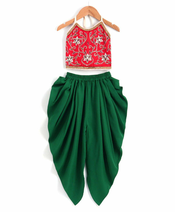 Girls Beadwork Embroidery Top With Dhoti Set-Red Green
