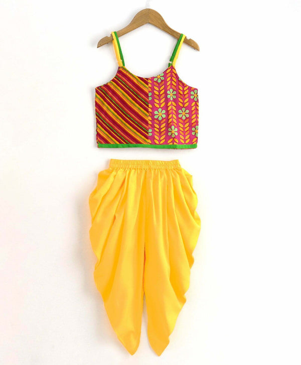Girls Half And Half Top With Dhoti Set-Pink Yellow