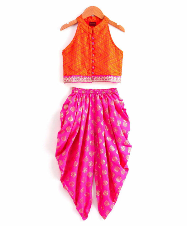 Girls Incut Chevron Design Top With Dhoti Set-Orange And Pink