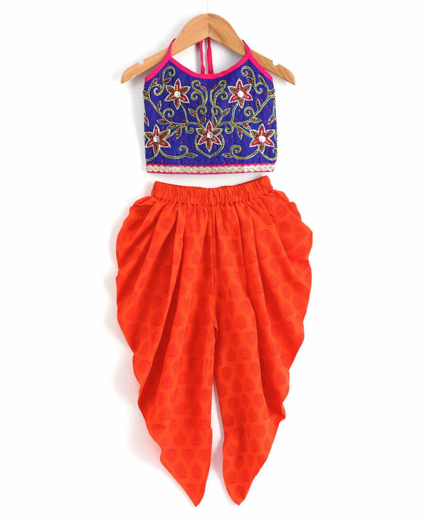 Girls Beadwork Embroidery Top With Dhoti Set-Blue And Orange